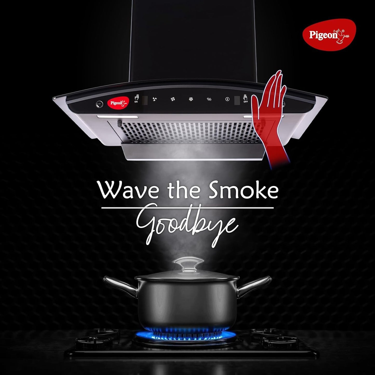 Pigeon Black Diamond 60 cm Curved Kitchen Chimney 1500 m3/hr suction |Touch & Gesture Control | Filterless Tech + Heat Auto Clean