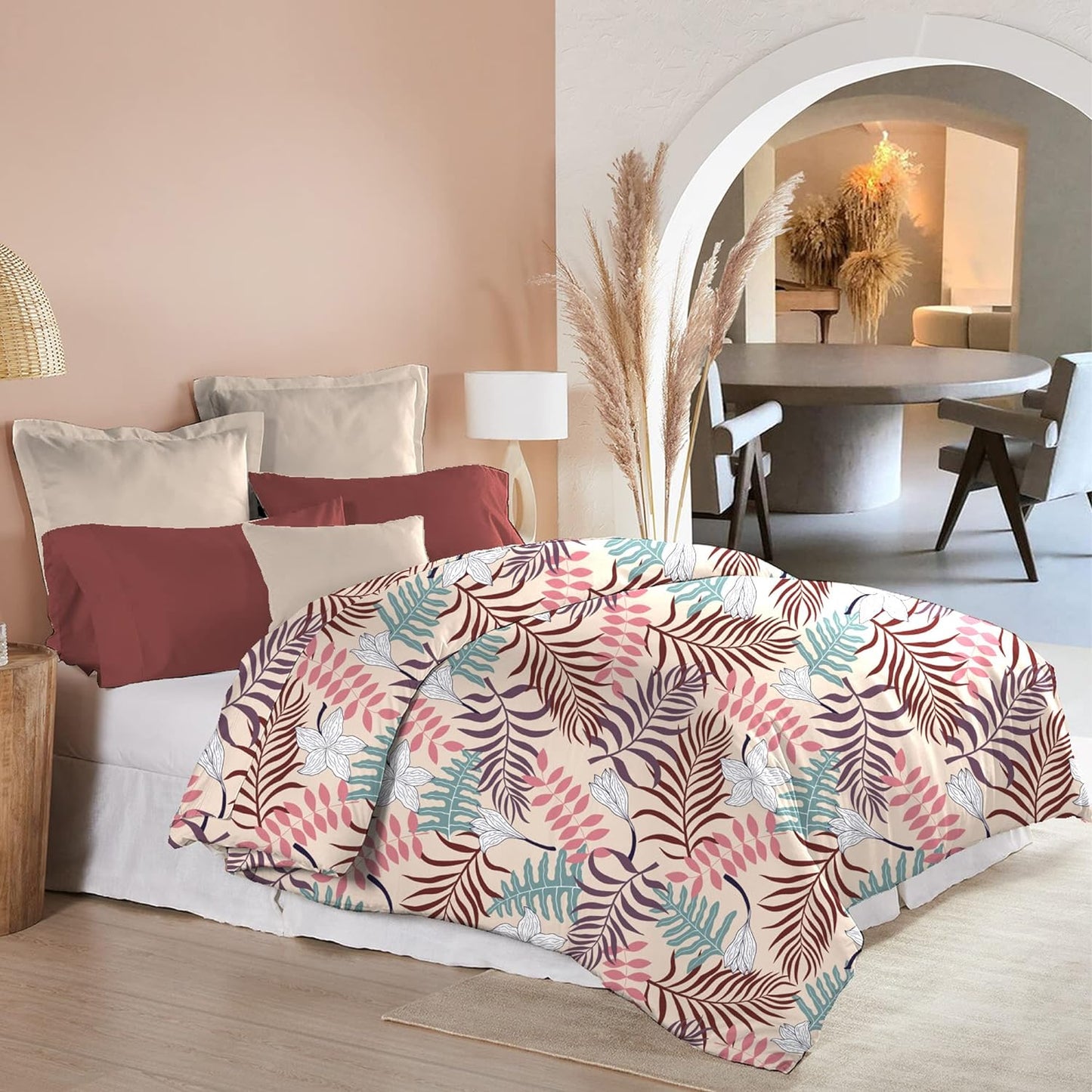 Trident Moments Beach Garden Maroon 120 TC Cotton Double Bed Bedsheet With 2 Pillow Covers