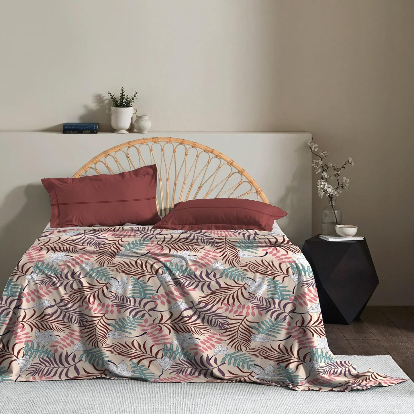 Trident Moments Beach Garden Maroon 120 TC Cotton Double Bed Bedsheet With 2 Pillow Covers