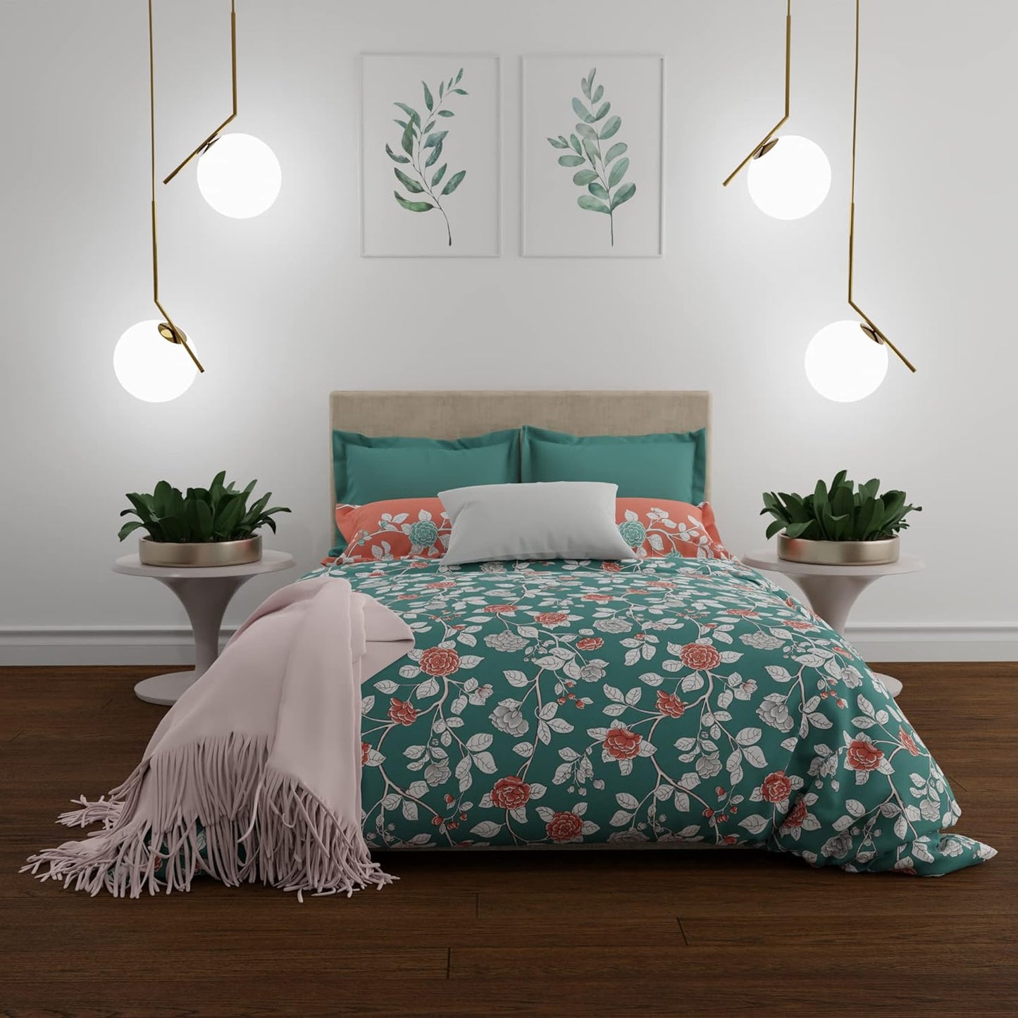 Trident Celebration CASA BLANCA TEAL 144 TC Cotton Double Bed Bed sheet With 2 Pillow Covers