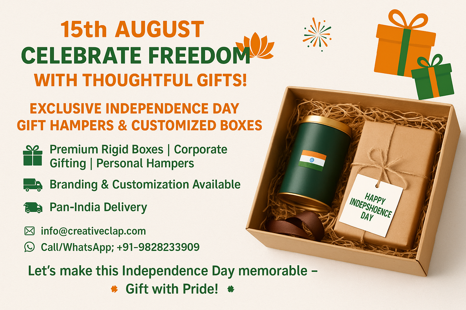 Promotional image for Independence Day gift hampers with a box containing a candle and a small bag, featuring text about gift options and delivery services.