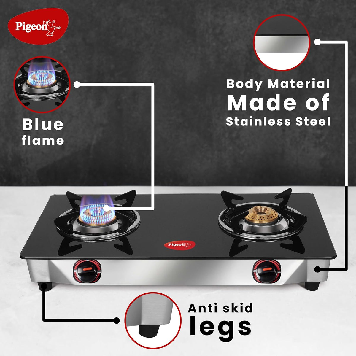 Pigeon by Stovekraft Favourite Glass Top 2 Burner Gas Stove, Manual Ignition