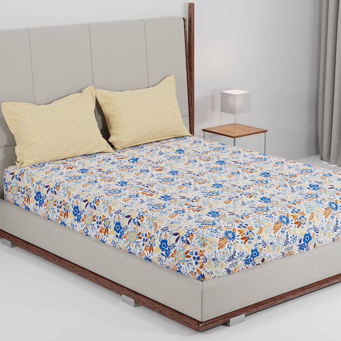 Trident Feather tales GARDENIA BLOOM BLUE 144 TC Cotton Double Bed Bedsheet With 2 Pillow Covers
