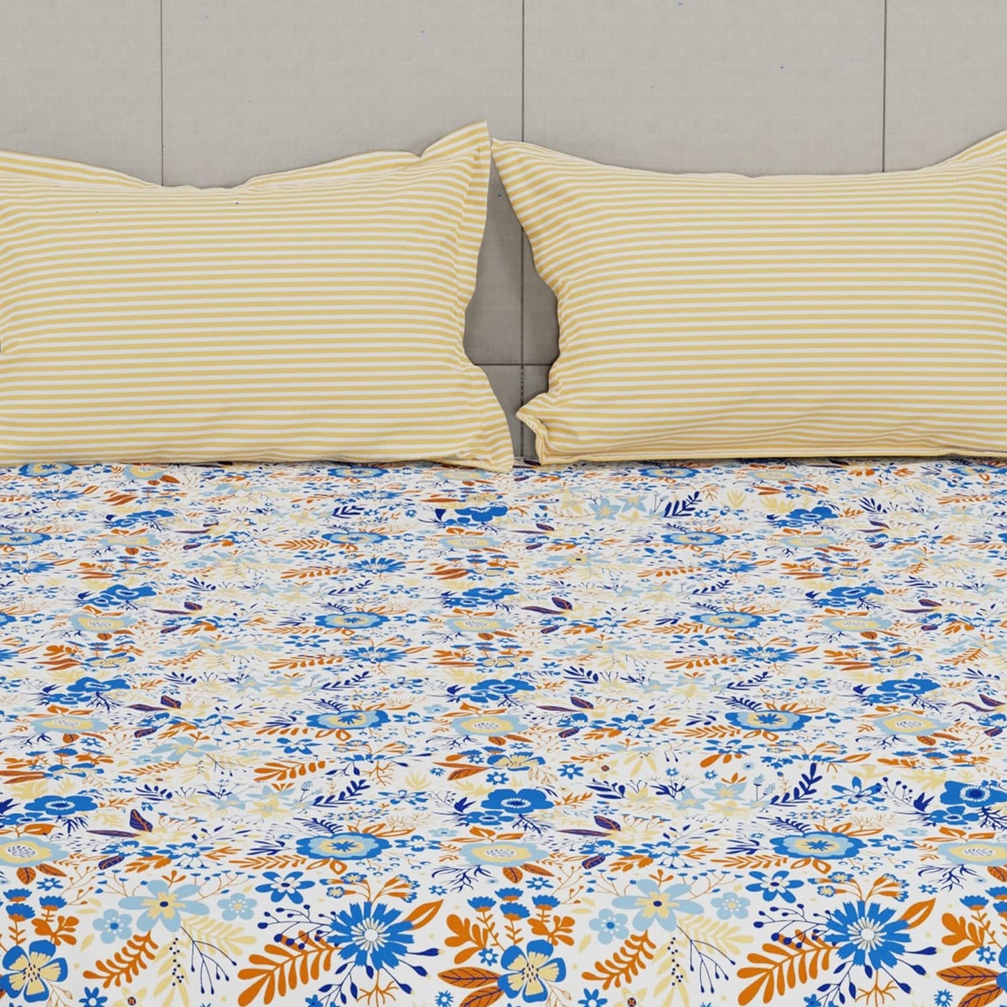 Trident Feather tales GARDENIA BLOOM BLUE 144 TC Cotton Double Bed Bedsheet With 2 Pillow Covers