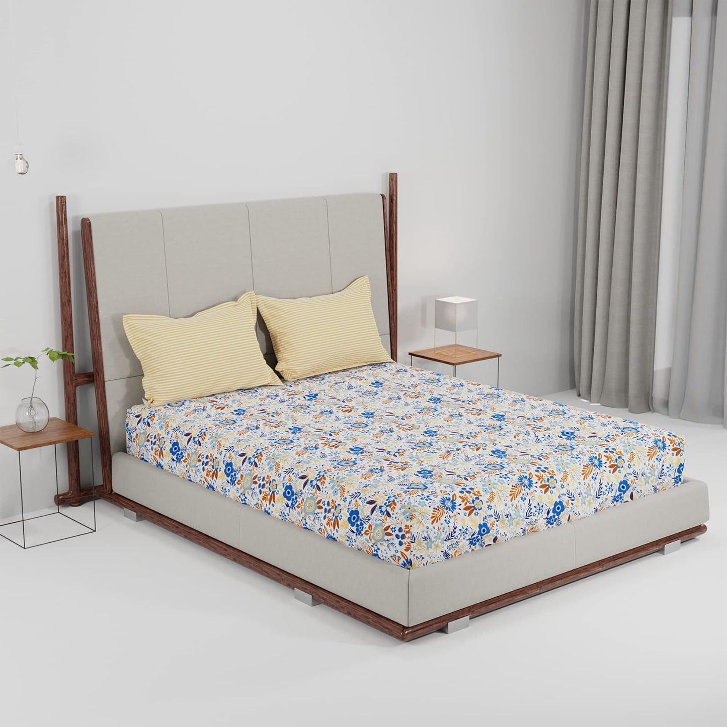 Trident Feather tales GARDENIA BLOOM BLUE 144 TC Cotton Double Bed Bedsheet With 2 Pillow Covers