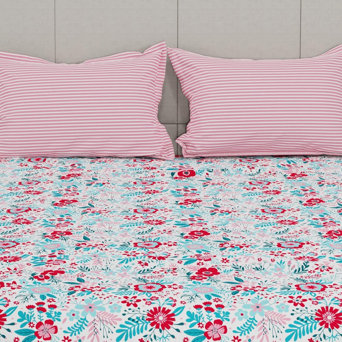 Trident Feather tales GARDENIA BLOOM PINK 144 TC Cotton Double Bed Bedsheet With 2 Pillow Covers