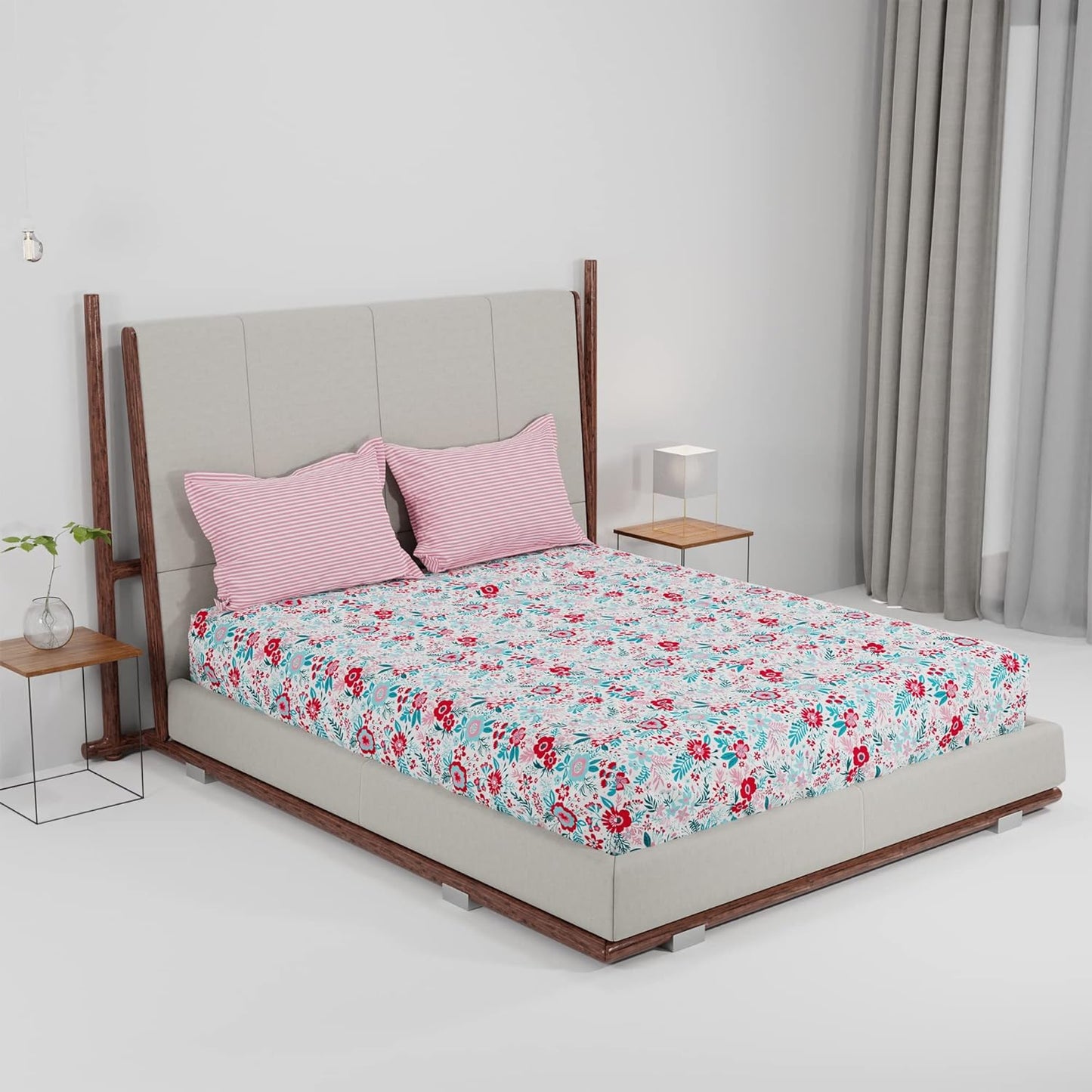Trident Feather tales GARDENIA BLOOM PINK 144 TC Cotton Double Bed Bedsheet With 2 Pillow Covers