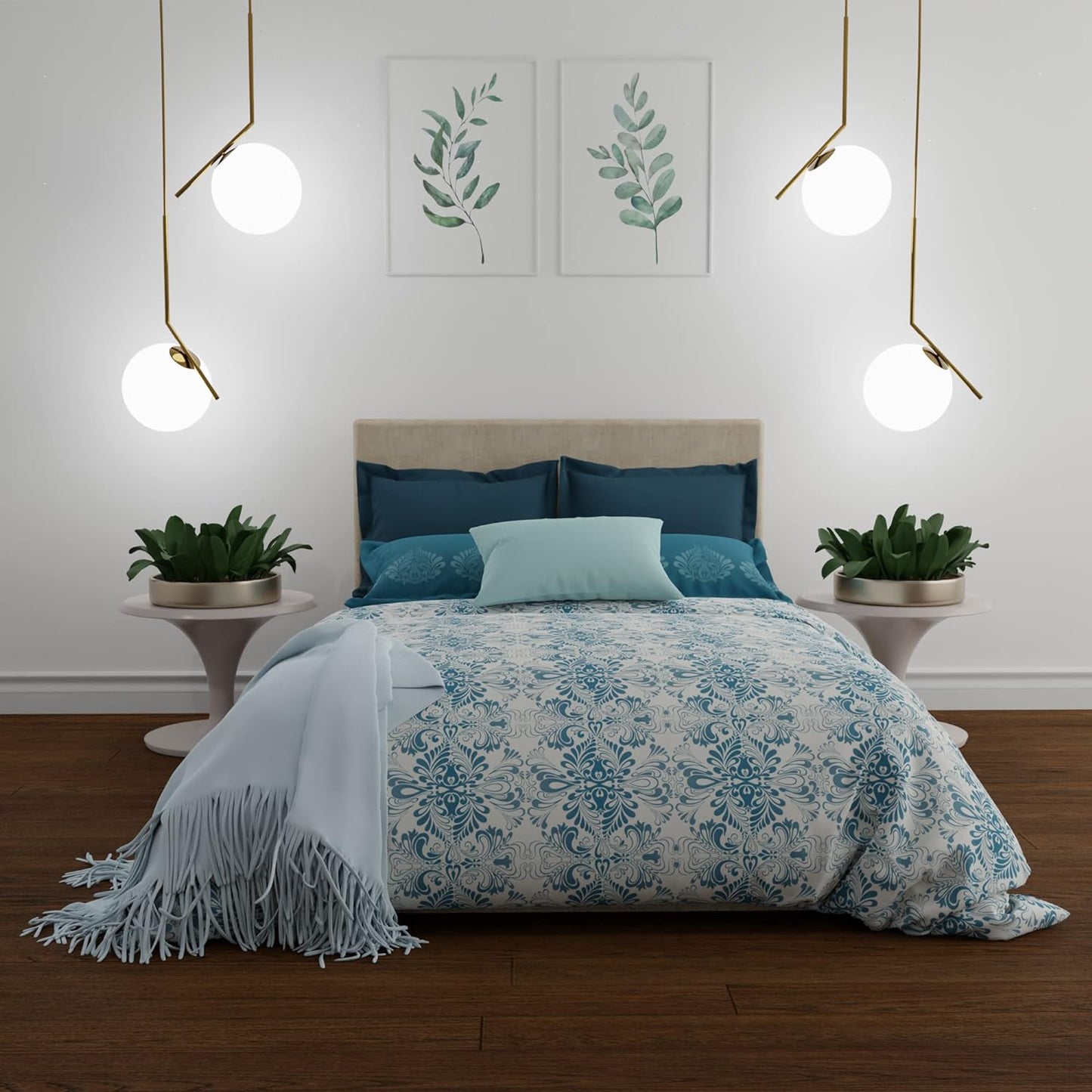 Trident Celebration HAZEL BLUE 144 TC Cotton Double Bed Bedsheet With 2 Pillow Covers