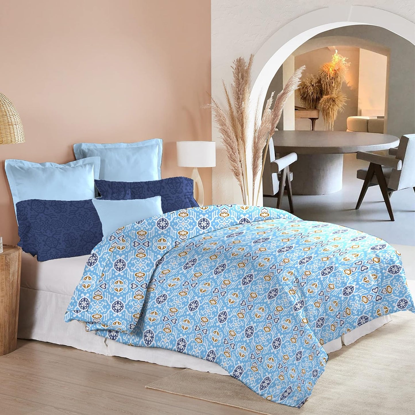 Trident Moments Iceland Blue 120 TC Cotton Double Bed Bedsheet With 2 Pillow Covers