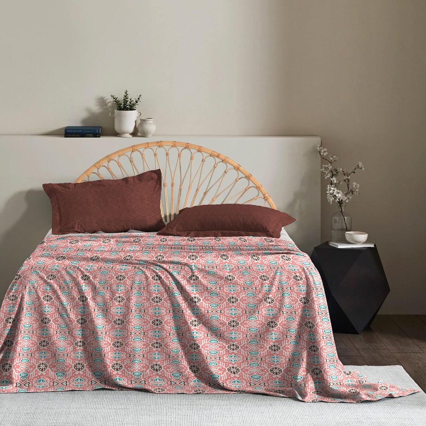 Trident Moments Iceland Orange 120 TC Cotton Double Bed Bedsheet With 2 Pillow Covers
