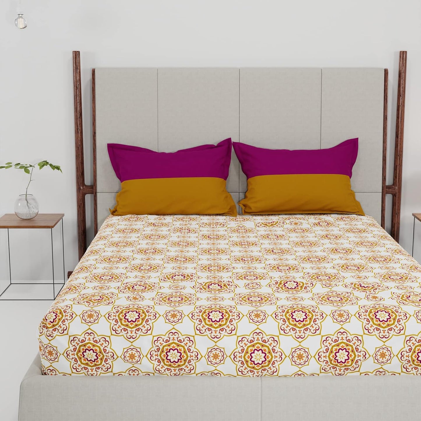Trident Feather tales MAJESTIC MANDALA YELLOW 144 TC Cotton Double Bed Bedsheet With 2 Pillow Covers