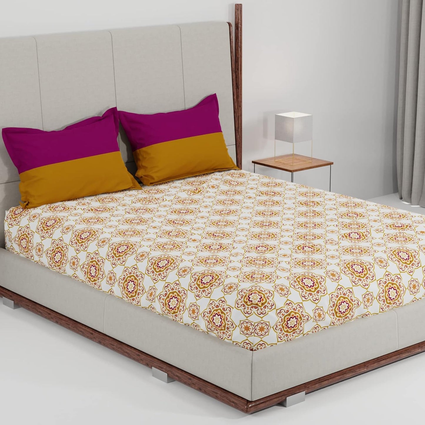 Trident Feather tales MAJESTIC MANDALA YELLOW 144 TC Cotton Double Bed Bedsheet With 2 Pillow Covers