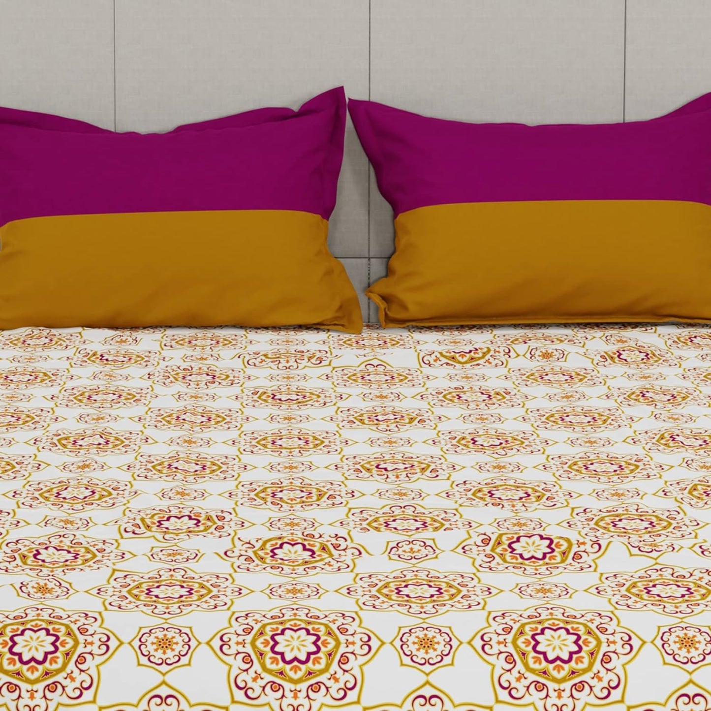 Trident Feather tales MAJESTIC MANDALA YELLOW 144 TC Cotton Double Bed Bedsheet With 2 Pillow Covers