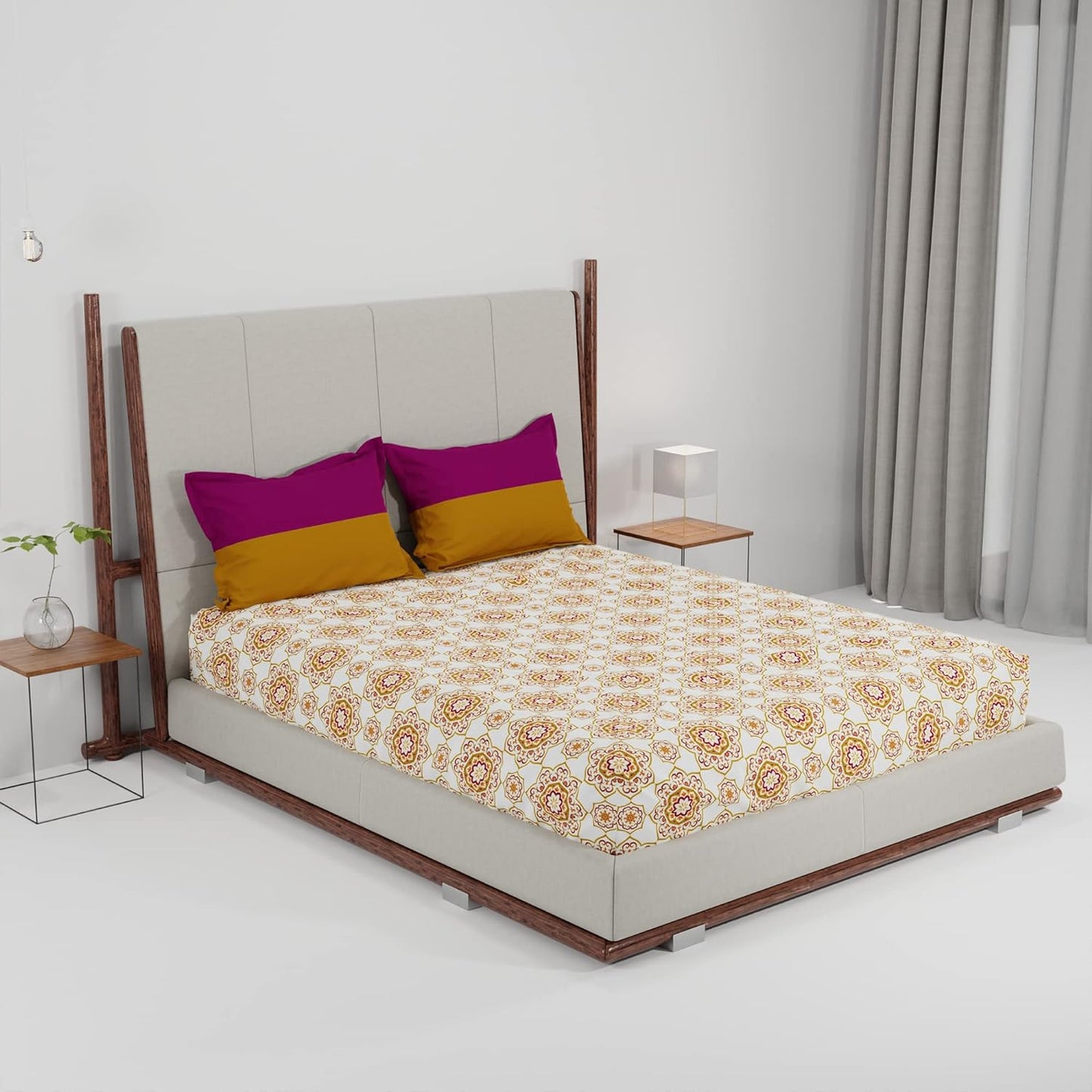 Trident Feather tales MAJESTIC MANDALA YELLOW 144 TC Cotton Double Bed Bedsheet With 2 Pillow Covers
