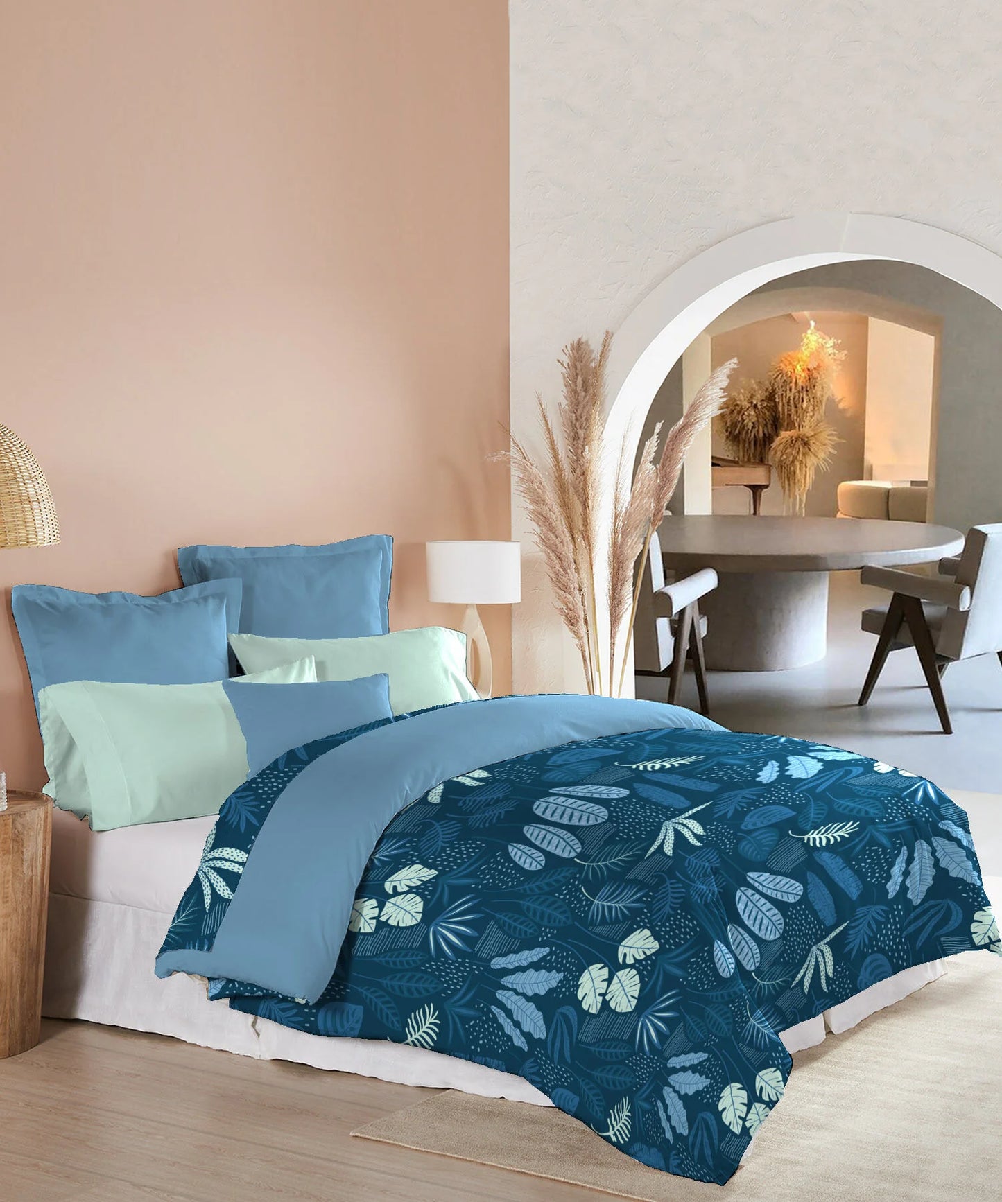 Trident Moments Backyard Blue 120 TC Cotton Double Bed Bedsheet With 2 Pillow Covers