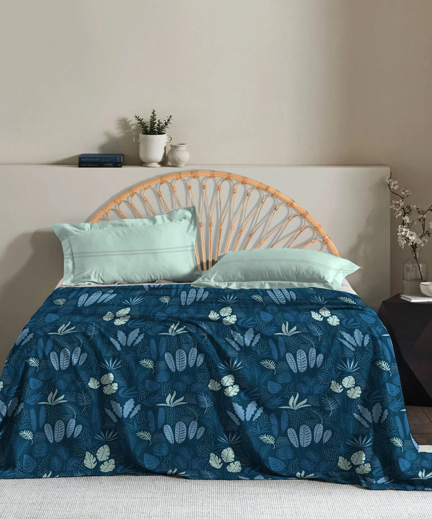 Trident Moments Backyard Blue 120 TC Cotton Double Bed Bedsheet With 2 Pillow Covers