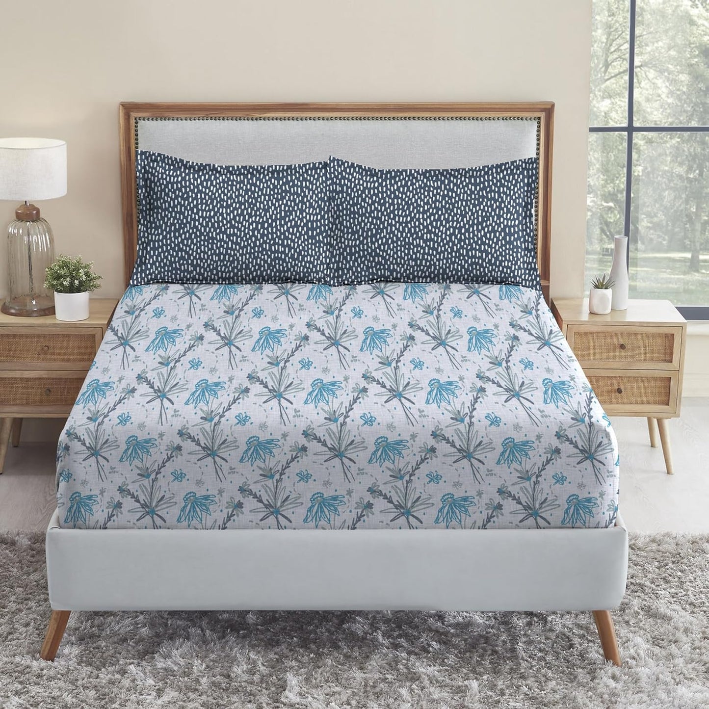Trident Dusk & Down Night Bloom Blue 144 TC Cotton Double Bed Bedsheet With 2 Pillow Covers