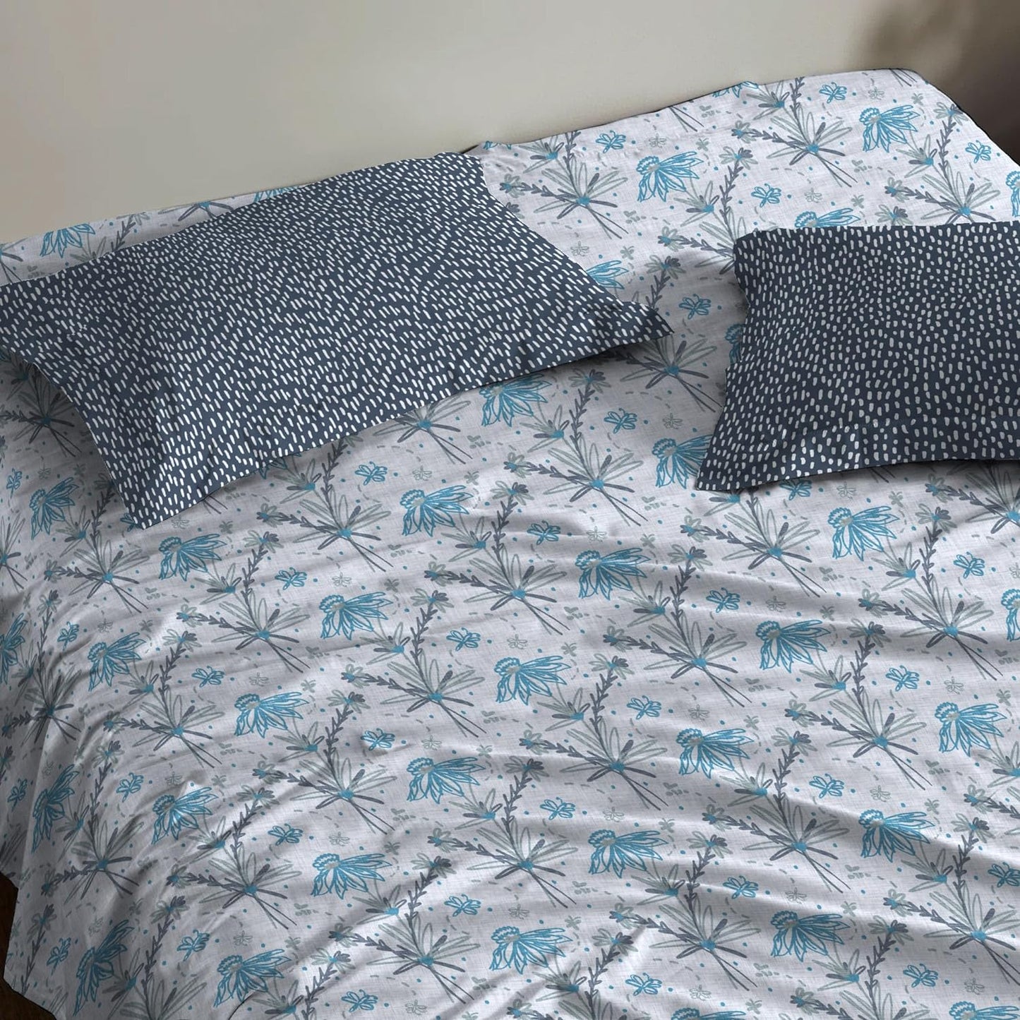 Trident Dusk & Down Night Bloom Blue 144 TC Cotton Double Bed Bedsheet With 2 Pillow Covers