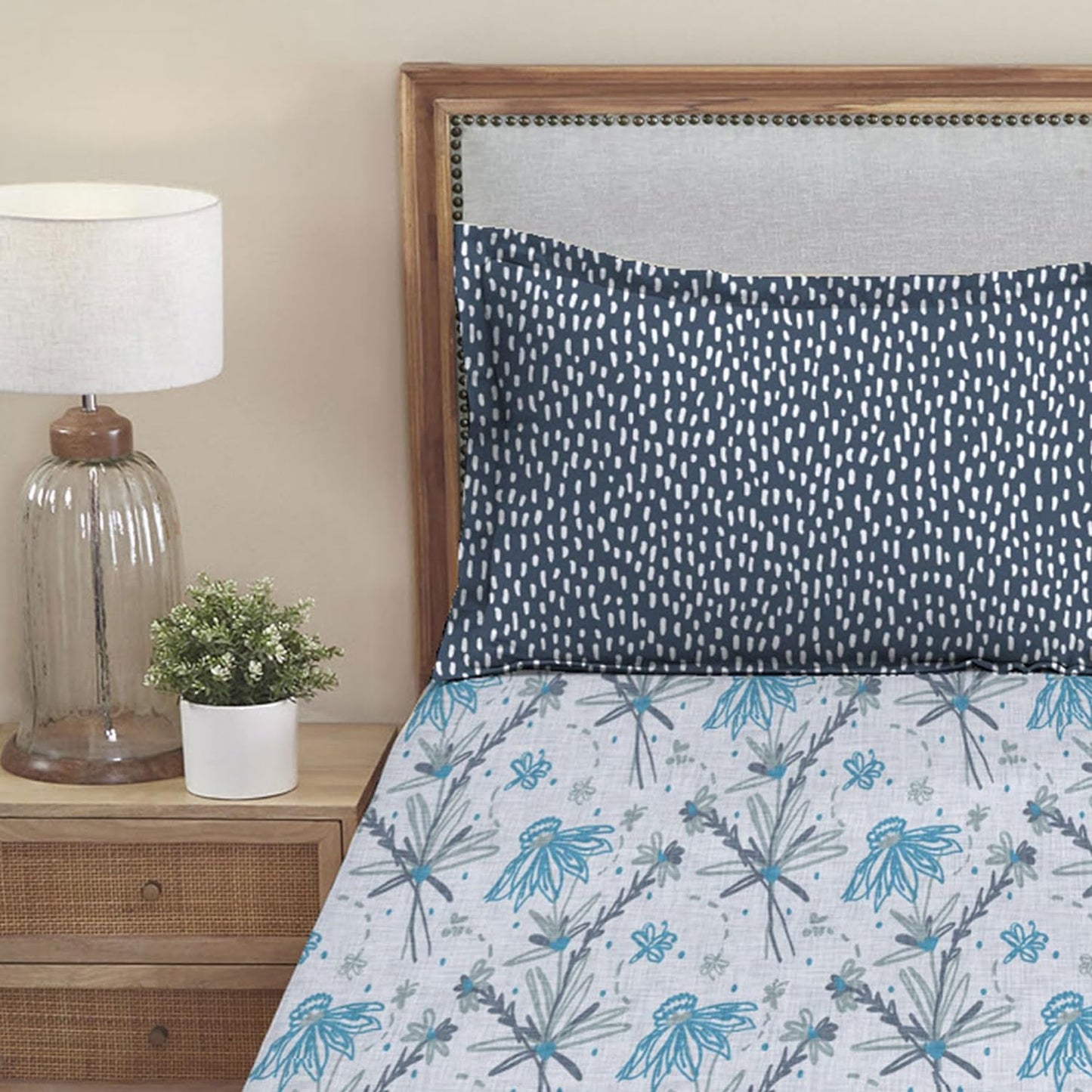Trident Dusk & Down Night Bloom Blue 144 TC Cotton Double Bed Bedsheet With 2 Pillow Covers