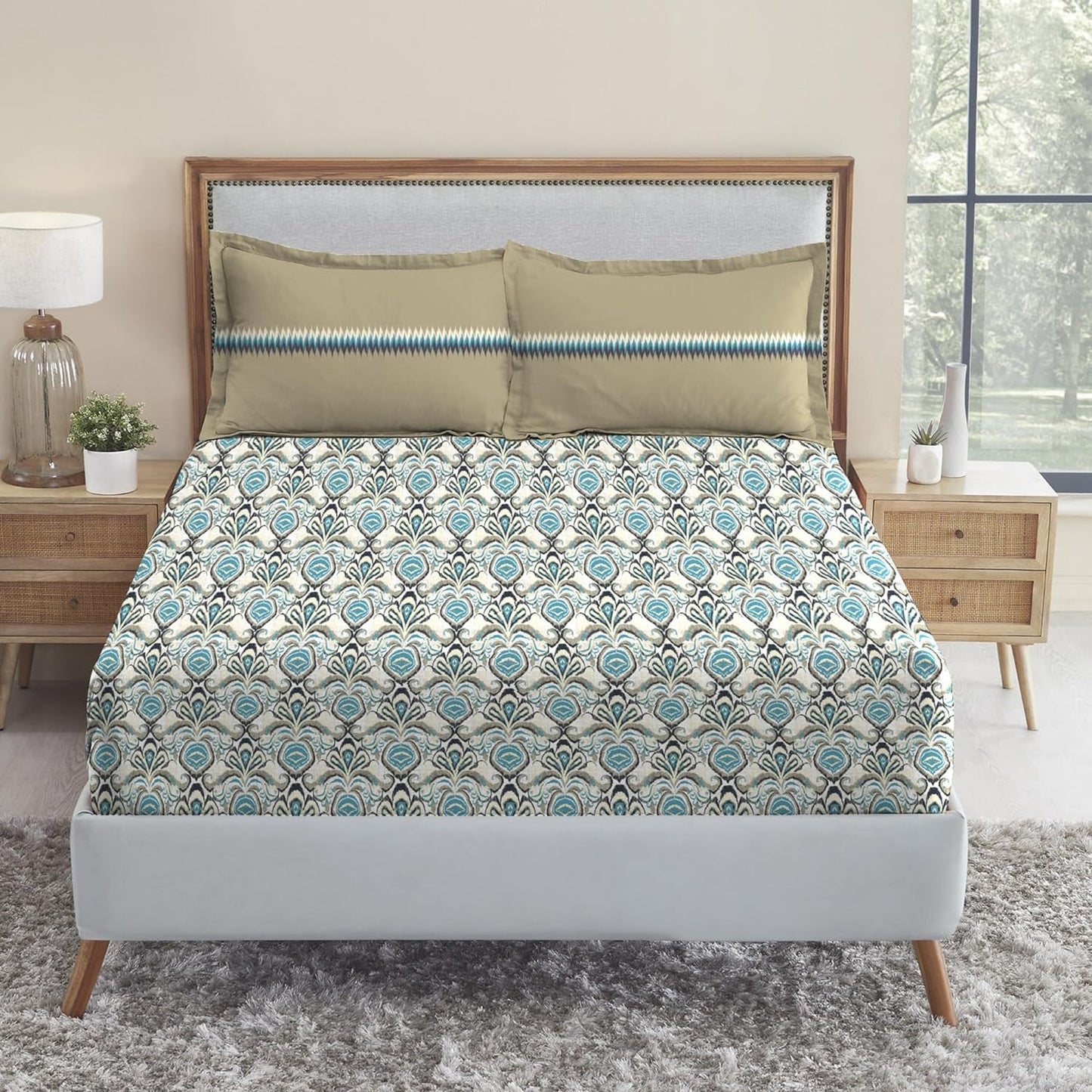 Trident Dusk & Down OASIS BLUE 144 TC Cotton Double Bed Bedsheet With 2 Pillow Covers