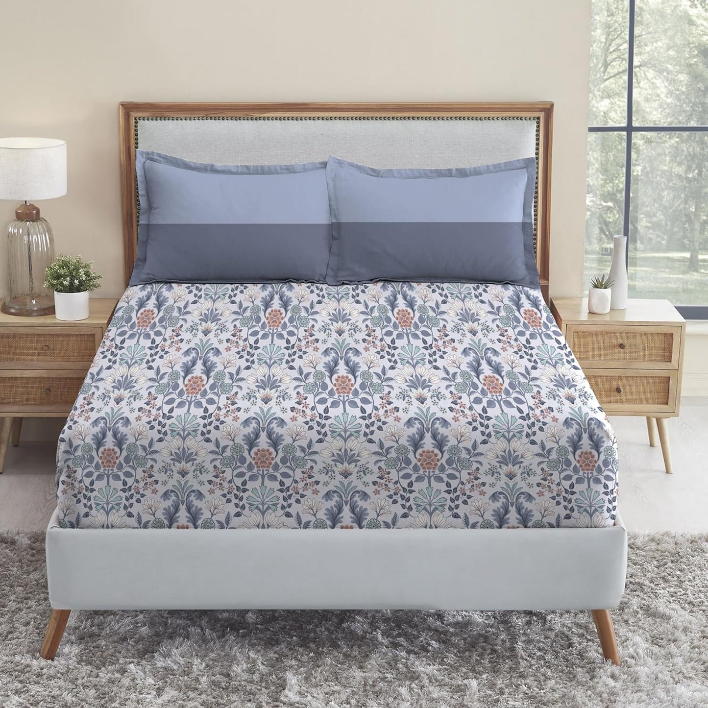 Trident Dusk & Down Paradise Blue 144 TC Cotton Double Bed Bedsheet With 2 Pillow Covers