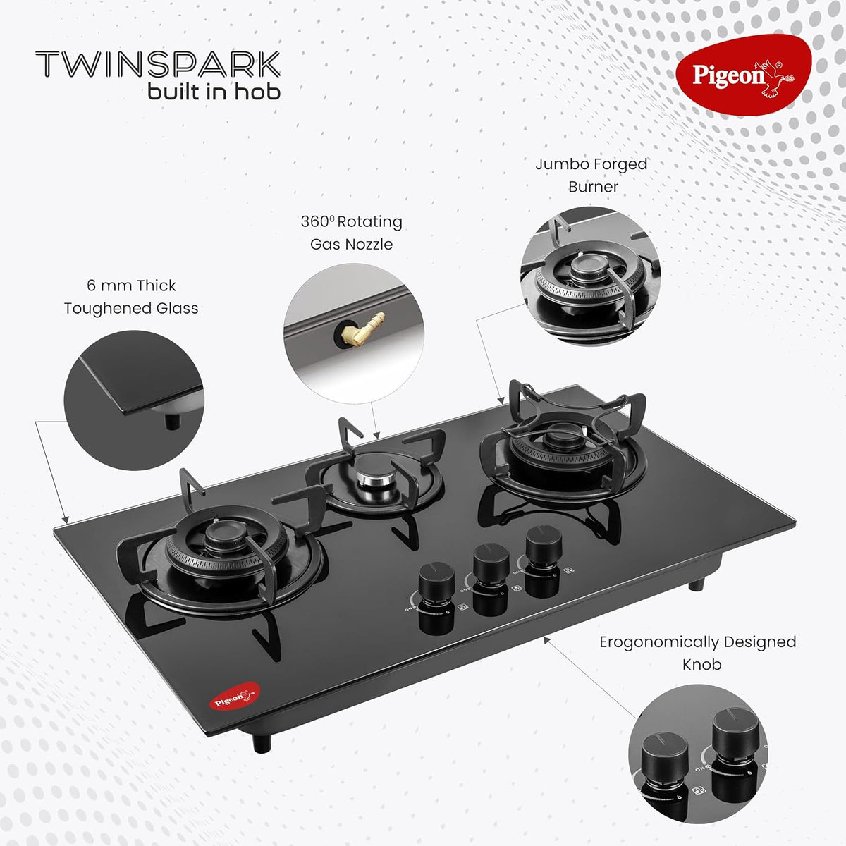 Pigeon Twinspark Hob 3 Burner Multi Spark Integrated Auto Ignition With Forged Burners, Scratch Resistant 6 mm Thick Toughened Glass Top For Easy Cleaning
