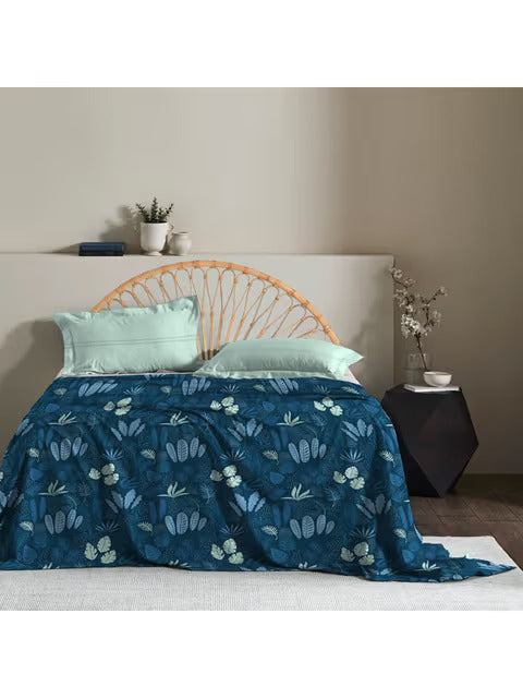 Trident Moments Thailand Blue 120 TC Cotton Double Bed Bedsheet With 2 Pillow Covers