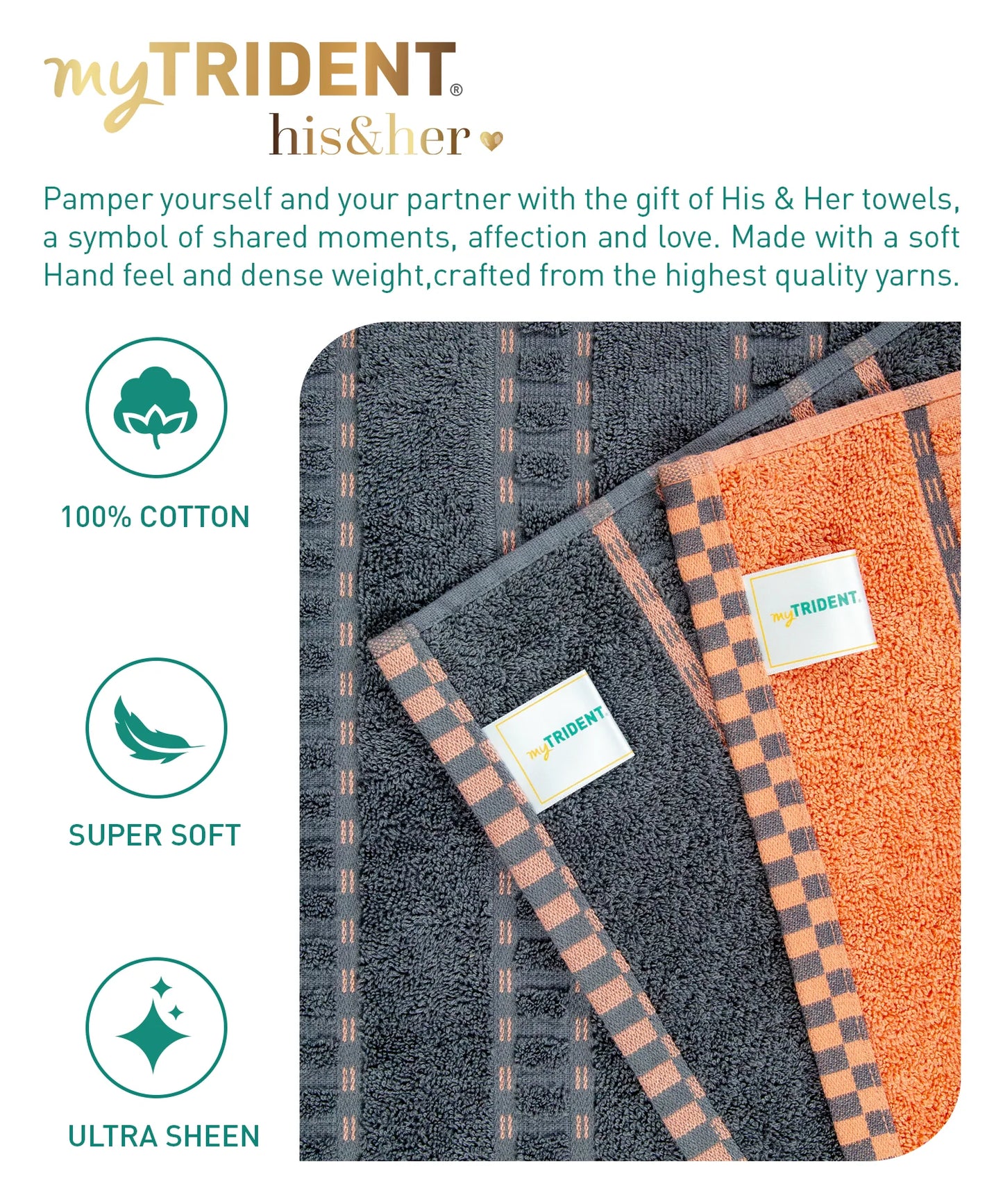 TRIDENT His & Her 2 PC Bath Towel Set, Lock & Key|500 GSM Cotton