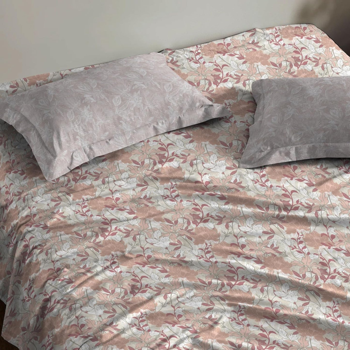 Trident Dusk & Down TUSCANY FLORAL PINK 144 TC Cotton Double Bed Bedsheet With 2 Pillow Covers