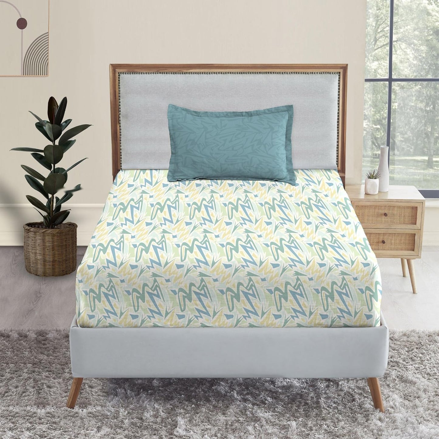 Trident Dusk & Down WAGGLING STROKES BLUE 144 TC Cotton Double Bed Bedsheet With 2 Pillow Covers
