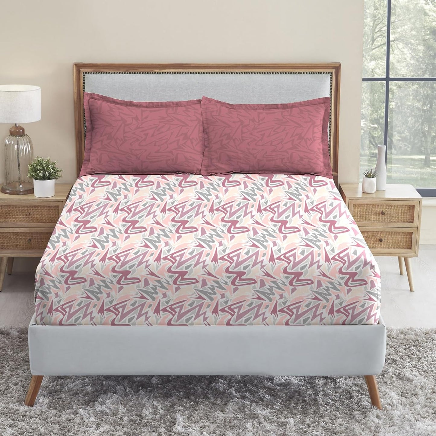 Trident Dusk & Down NIGHT BLOOM RED 144 TC Cotton Double Bed Bedsheet With 2 Pillow Covers