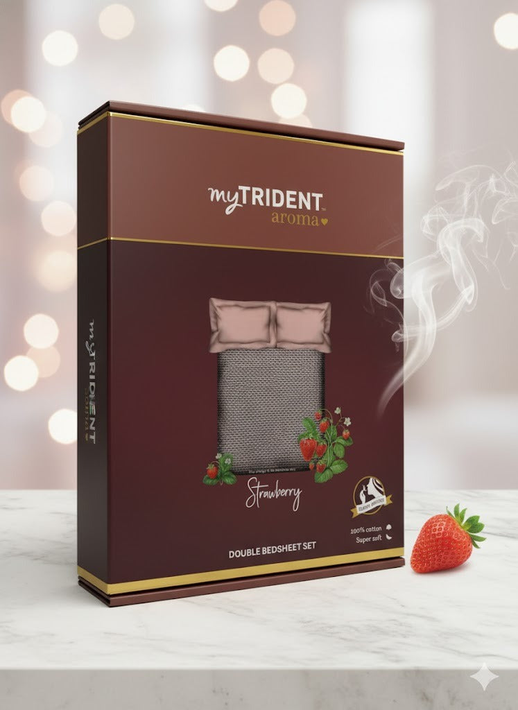 MYTRIDENT Aroma Double Bedsheet Set Strawberry Queen Size Bedsheet for Double Bed, 1 Queen Size Bedsheet with 2 Pillow Covers Superior Softness | 144 TC | 100% Cotton