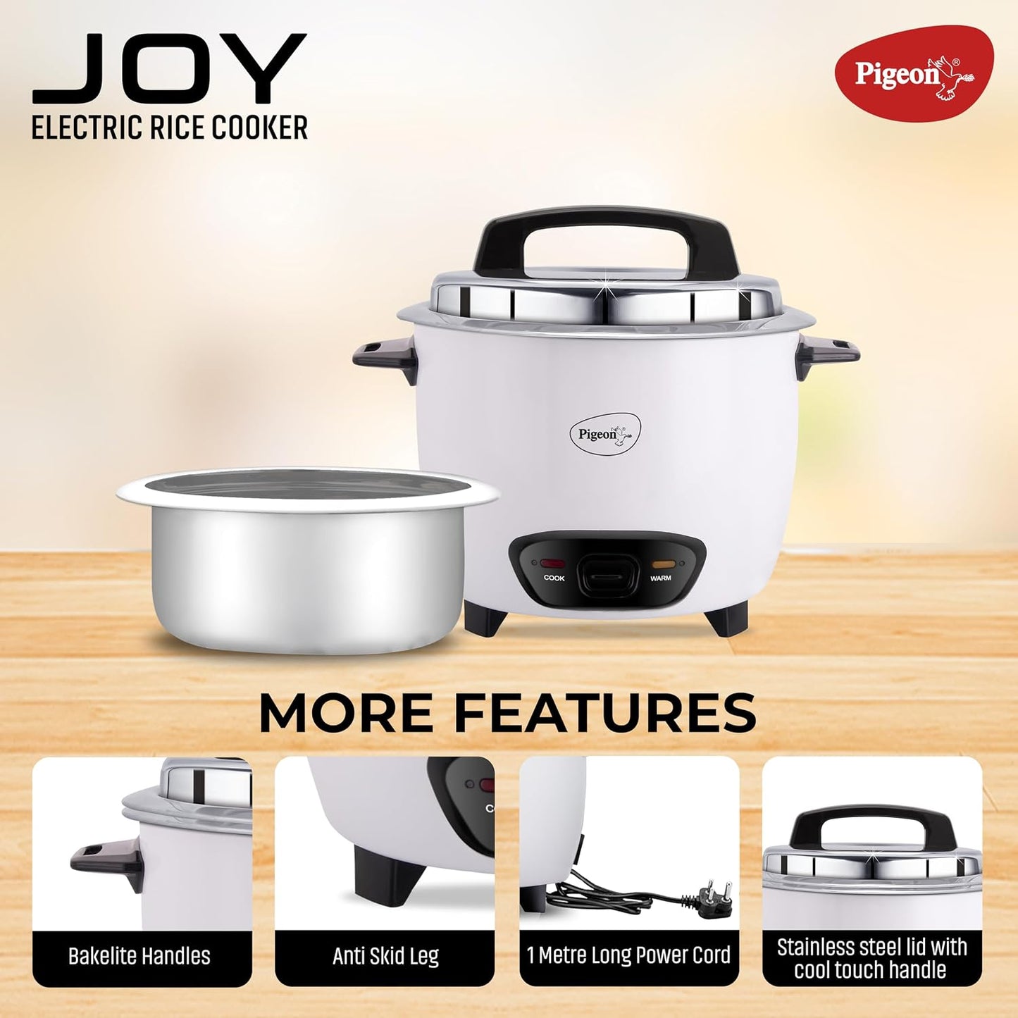 Joy Rice Cooker with Single pot, 1 litres. (White) | Toughened Glass Lid | 400 Watts | Aluminium Cooking Pot