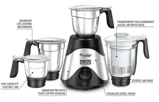 Prestige Macho 1000W Mixer Grinder, 4 Jars With Pure Motor Winding