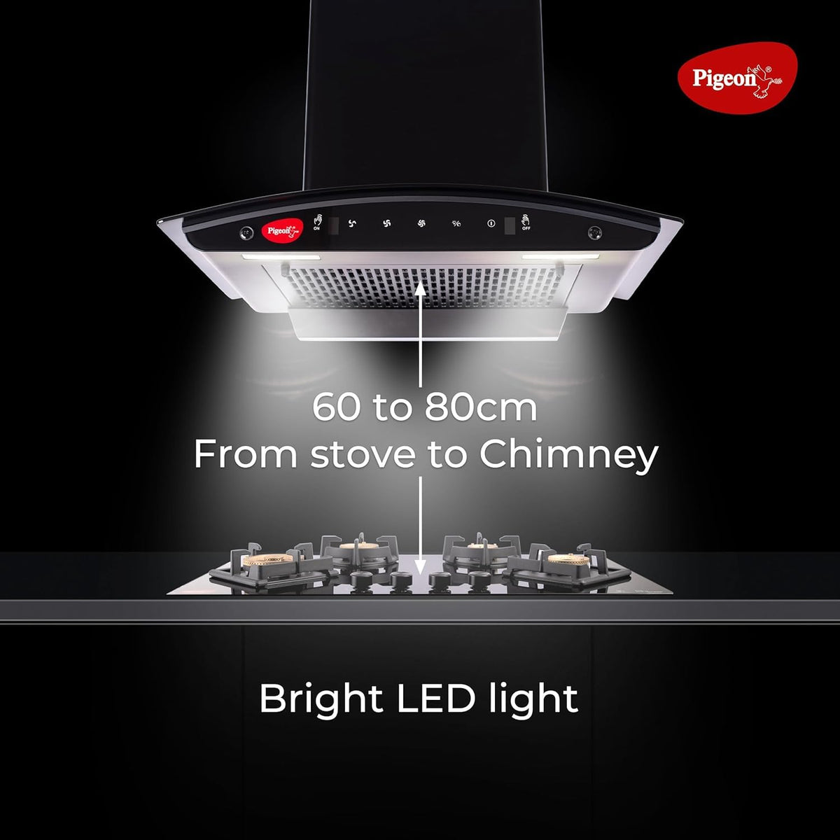 Pigeon Black Diamond 60 cm Curved Kitchen Chimney 1500 m3/hr suction |Touch & Gesture Control | Filterless Tech + Heat Auto Clean