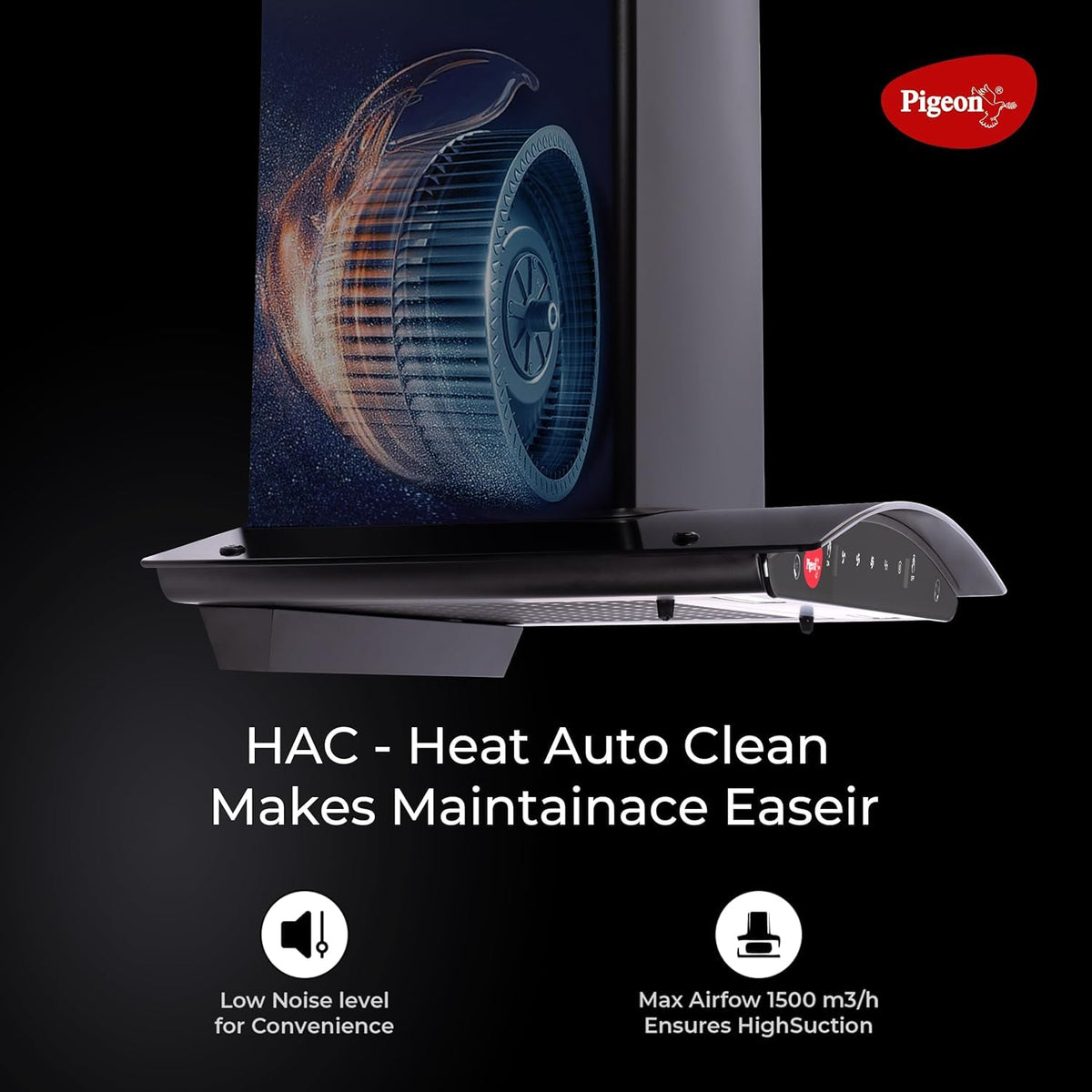 Pigeon Black Diamond 60 cm Curved Kitchen Chimney 1500 m3/hr suction |Touch & Gesture Control | Filterless Tech + Heat Auto Clean