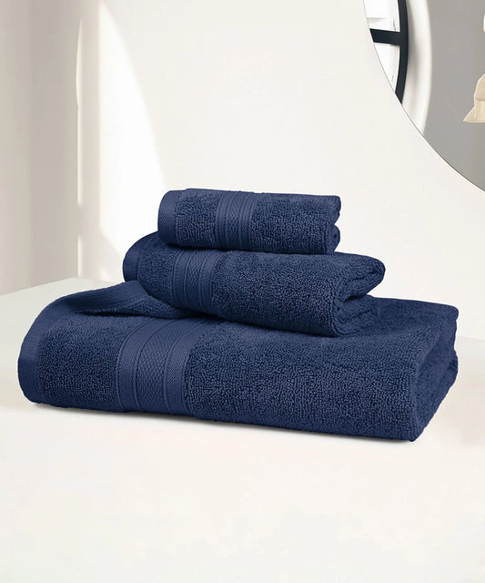 TRIDENT Soft Comfort 3-Piece Cotton-Rich Terry Moments Towel Set – Navy Blue (509 GSM)