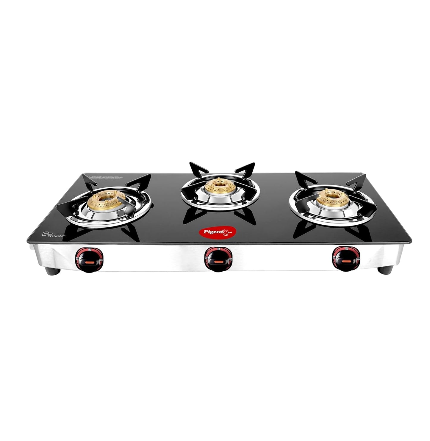 Pigeon Favourite 3 Burner Gas Stove | Auto Ignition | Brass Burner | Toughened Glass