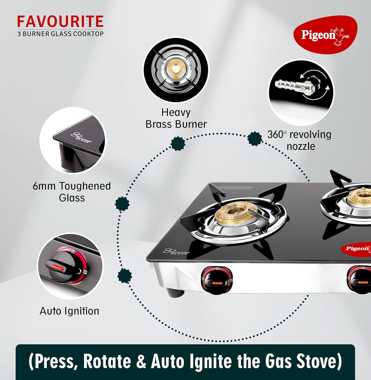 Pigeon Favourite 3 Burner Gas Stove | Auto Ignition | Brass Burner | Toughened Glass
