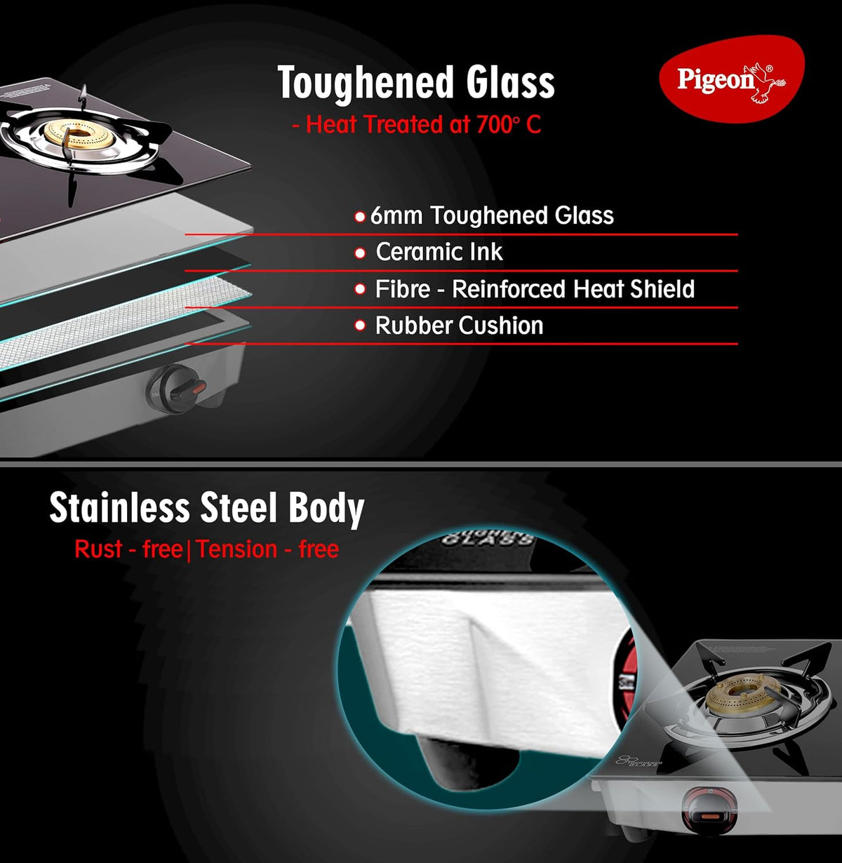 Pigeon Favourite 3 Burner Gas Stove | Auto Ignition | Brass Burner | Toughened Glass