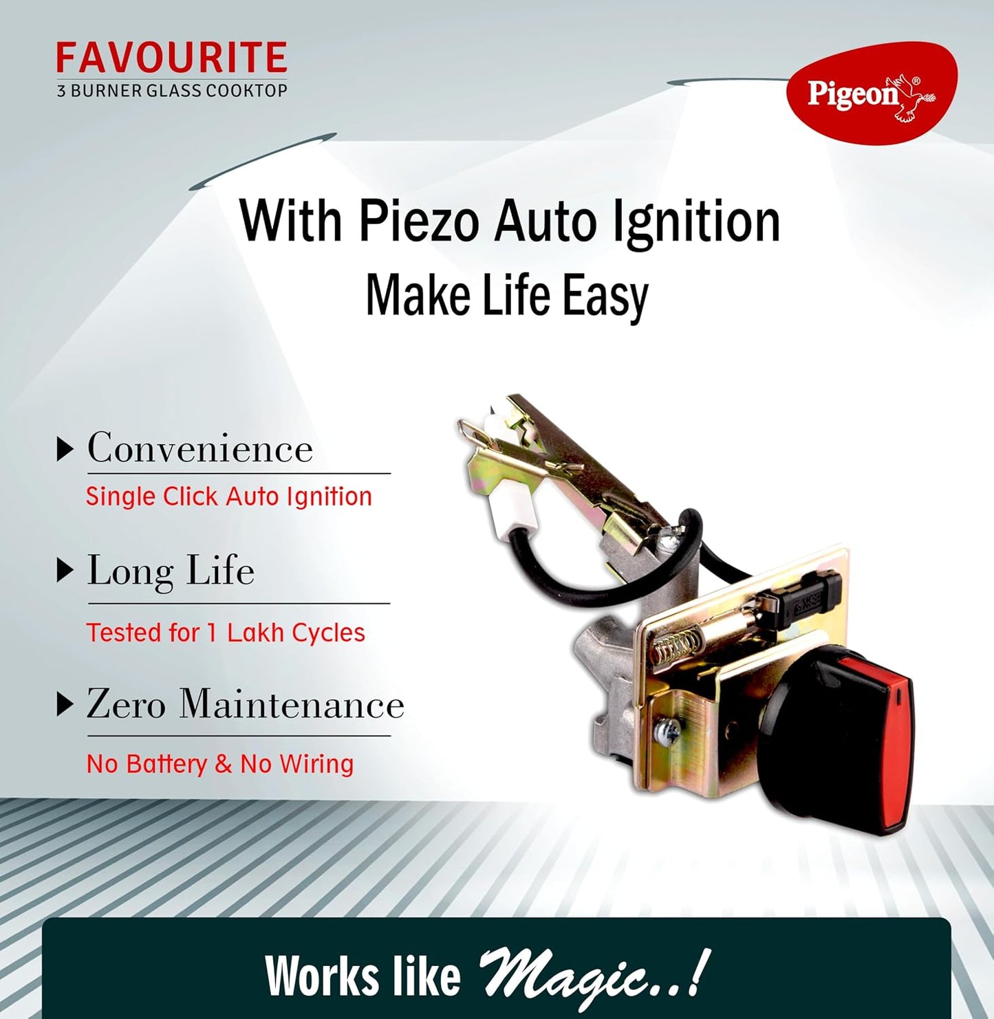 Pigeon Favourite 3 Burner Gas Stove | Auto Ignition | Brass Burner | Toughened Glass
