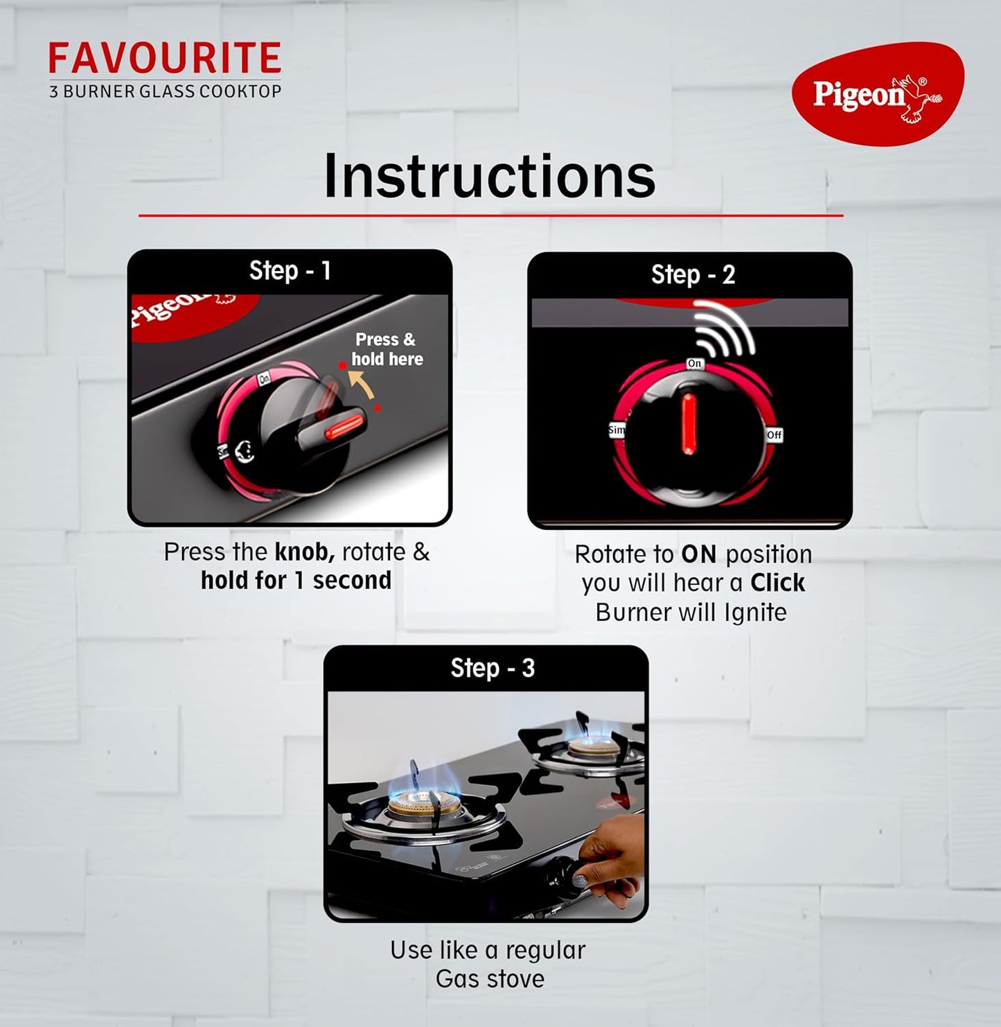 Pigeon Favourite 3 Burner Gas Stove | Auto Ignition | Brass Burner | Toughened Glass