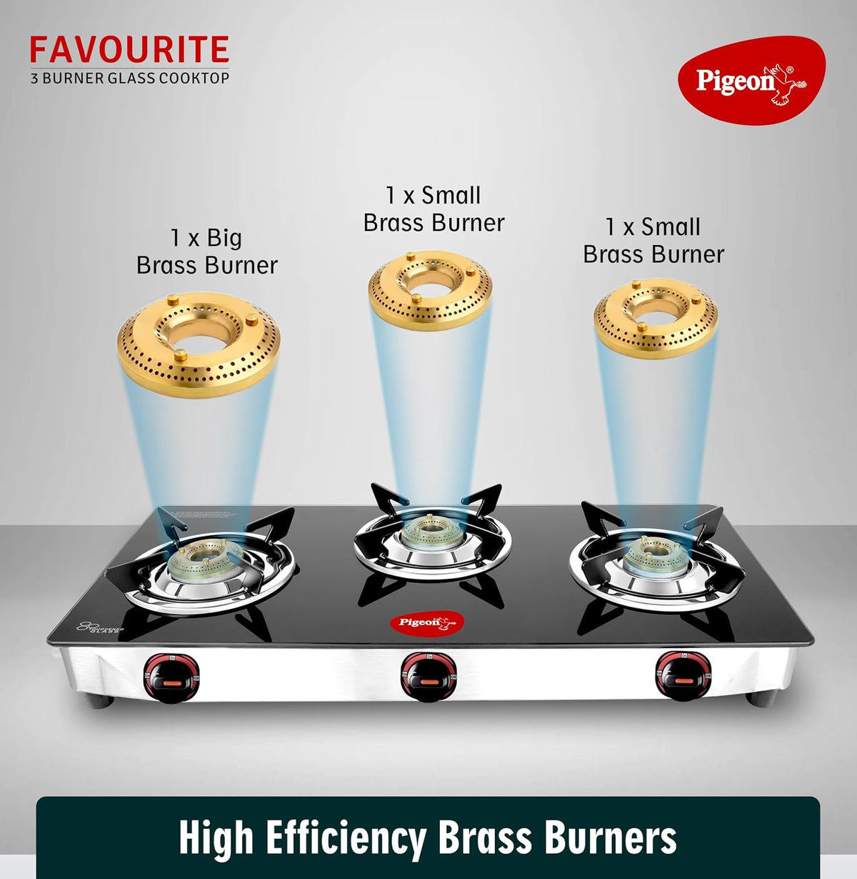 Pigeon Favourite 3 Burner Gas Stove | Auto Ignition | Brass Burner | Toughened Glass