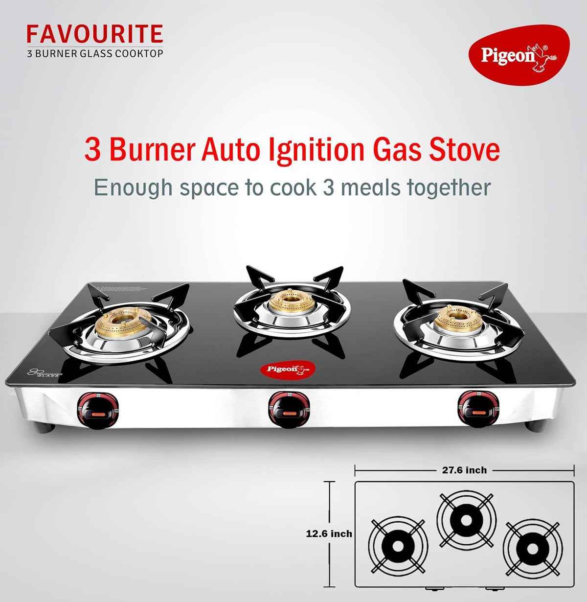 Pigeon Favourite 3 Burner Gas Stove | Auto Ignition | Brass Burner | Toughened Glass