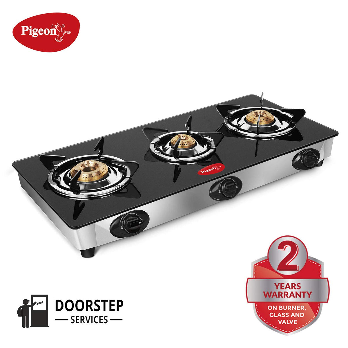 Pigeon by Stovekraft Favourite Glass Top 3 Burner Gas Stove, Manual Ignition