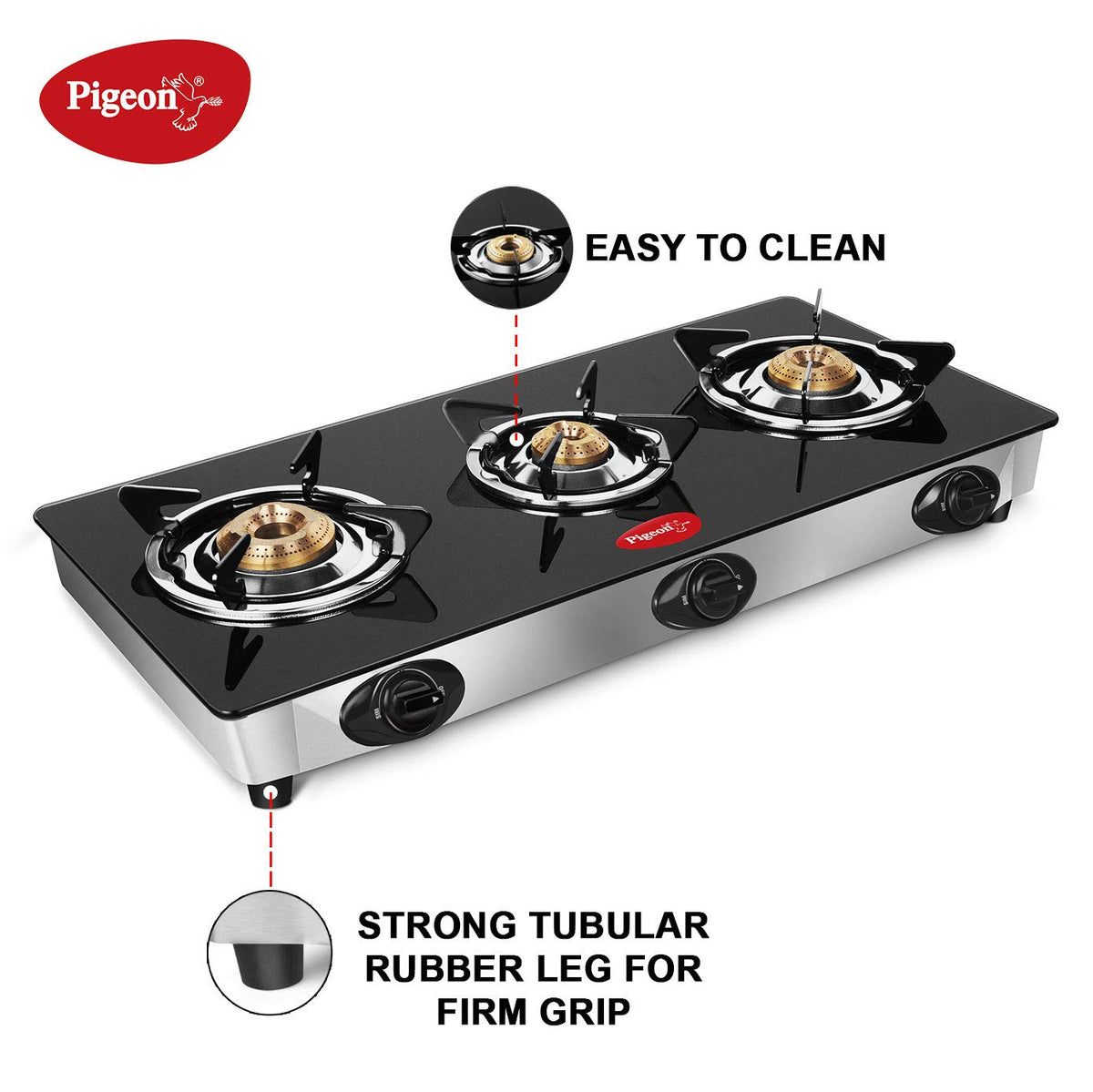 Pigeon by Stovekraft Favourite Glass Top 3 Burner Gas Stove, Manual Ignition