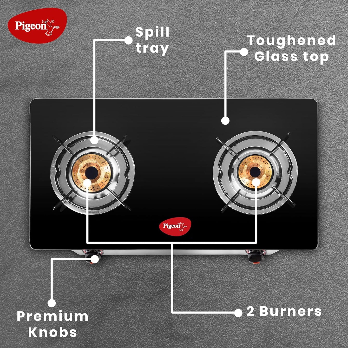 Pigeon by Stovekraft Favourite Glass Top 2 Burner Gas Stove, Manual Ignition