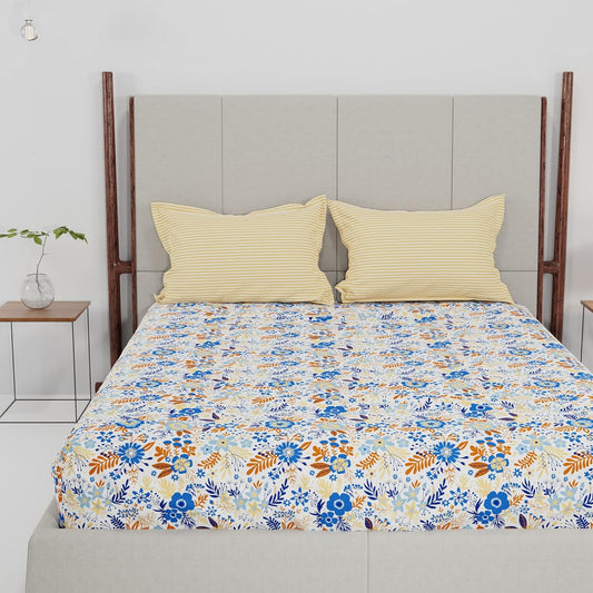 Trident Feather tales  GARDENIA BLOOM BLUE 144 TC Cotton Double Bed Bedsheet With 2 Pillow Covers