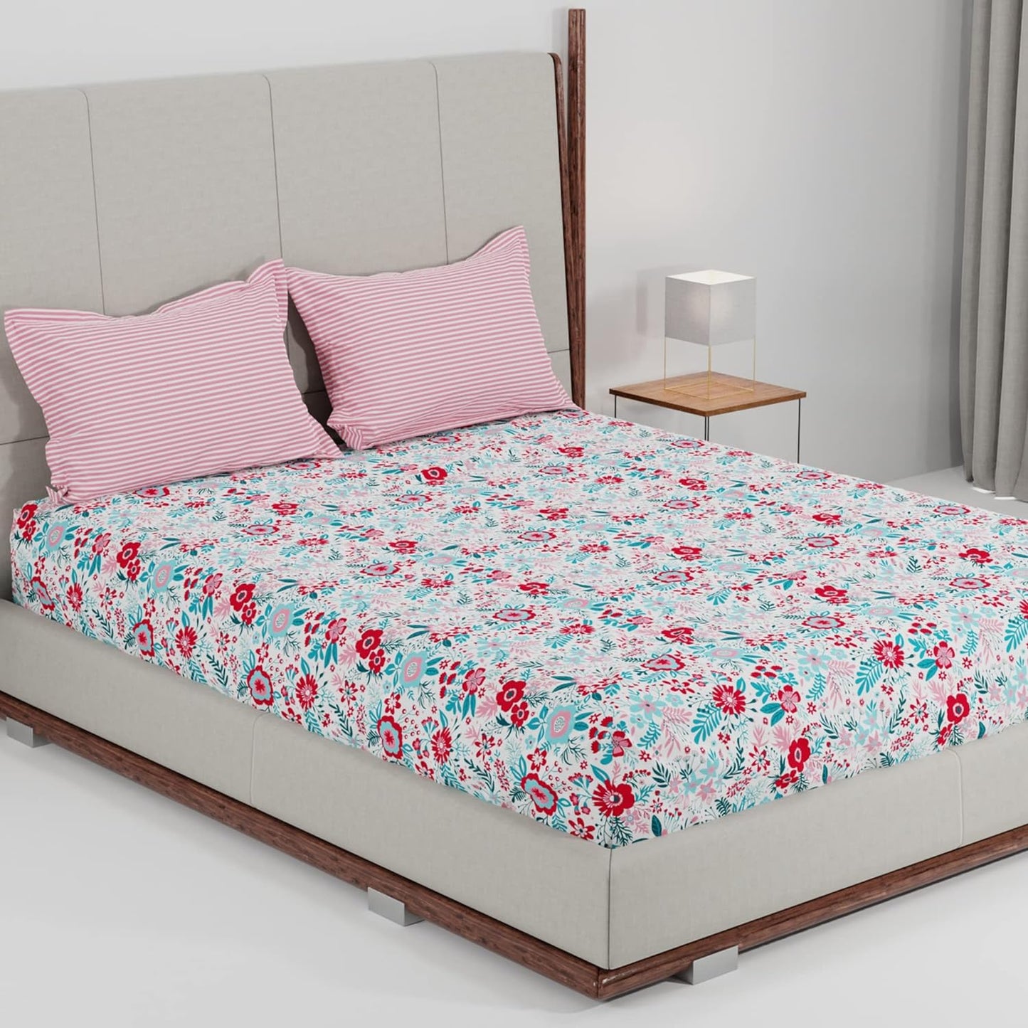 Trident Feather tales GARDENIA BLOOM PINK 144 TC Cotton Double Bed Bedsheet With 2 Pillow Covers