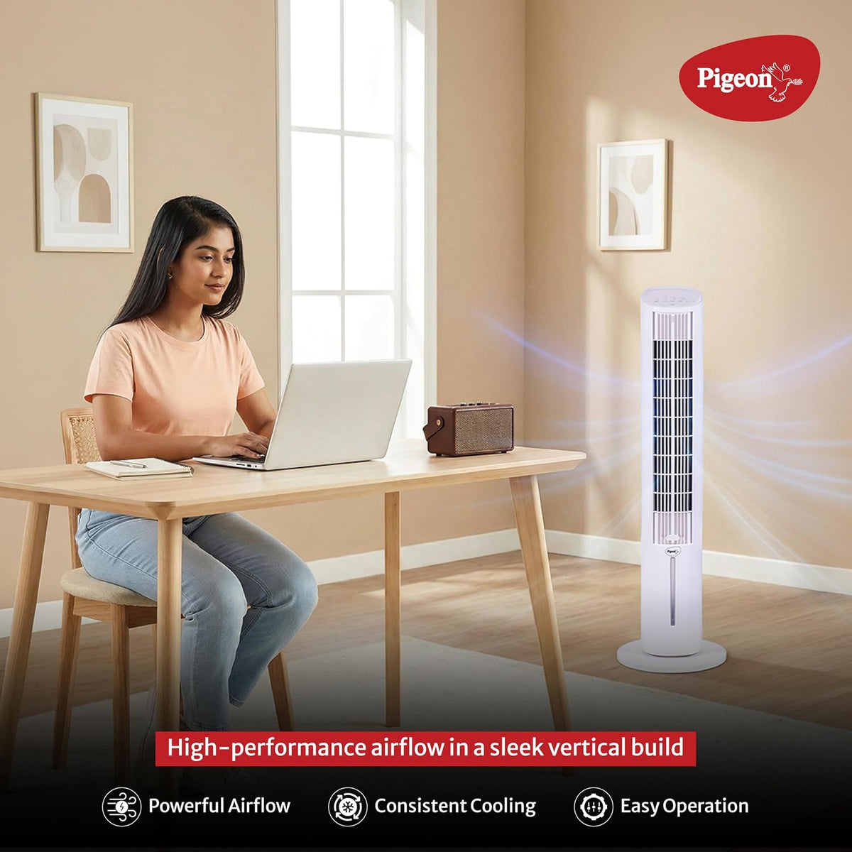 Pigeon High Performance Tower Fan with Digital Control panel and remote, 3 speed settings